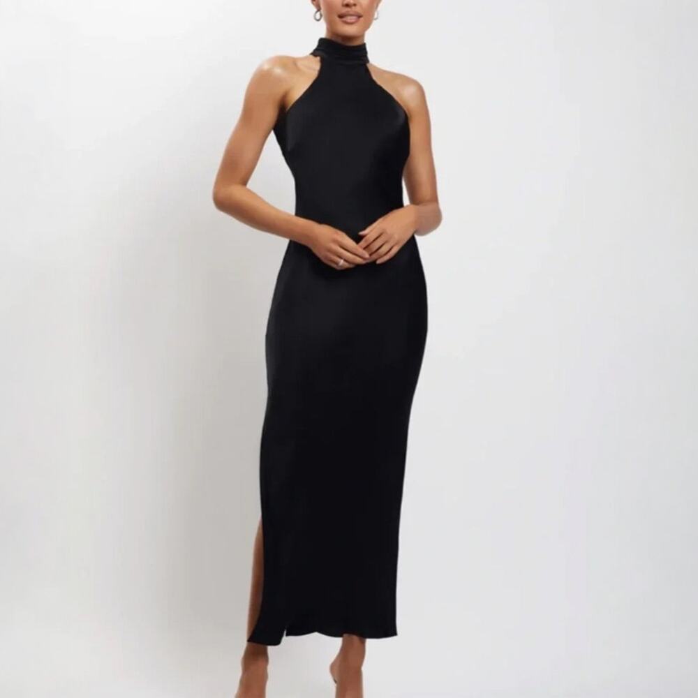 Meshki Black Claire Satin Open Back Maxi Dress NWT NEW Size M